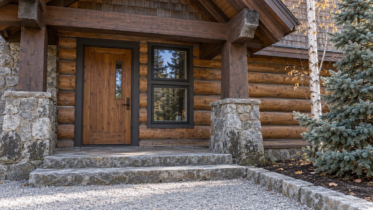 Timber home entry with weathered beams, stone steps, stacked windows and autumn birch leaves beside a mature white spruce.