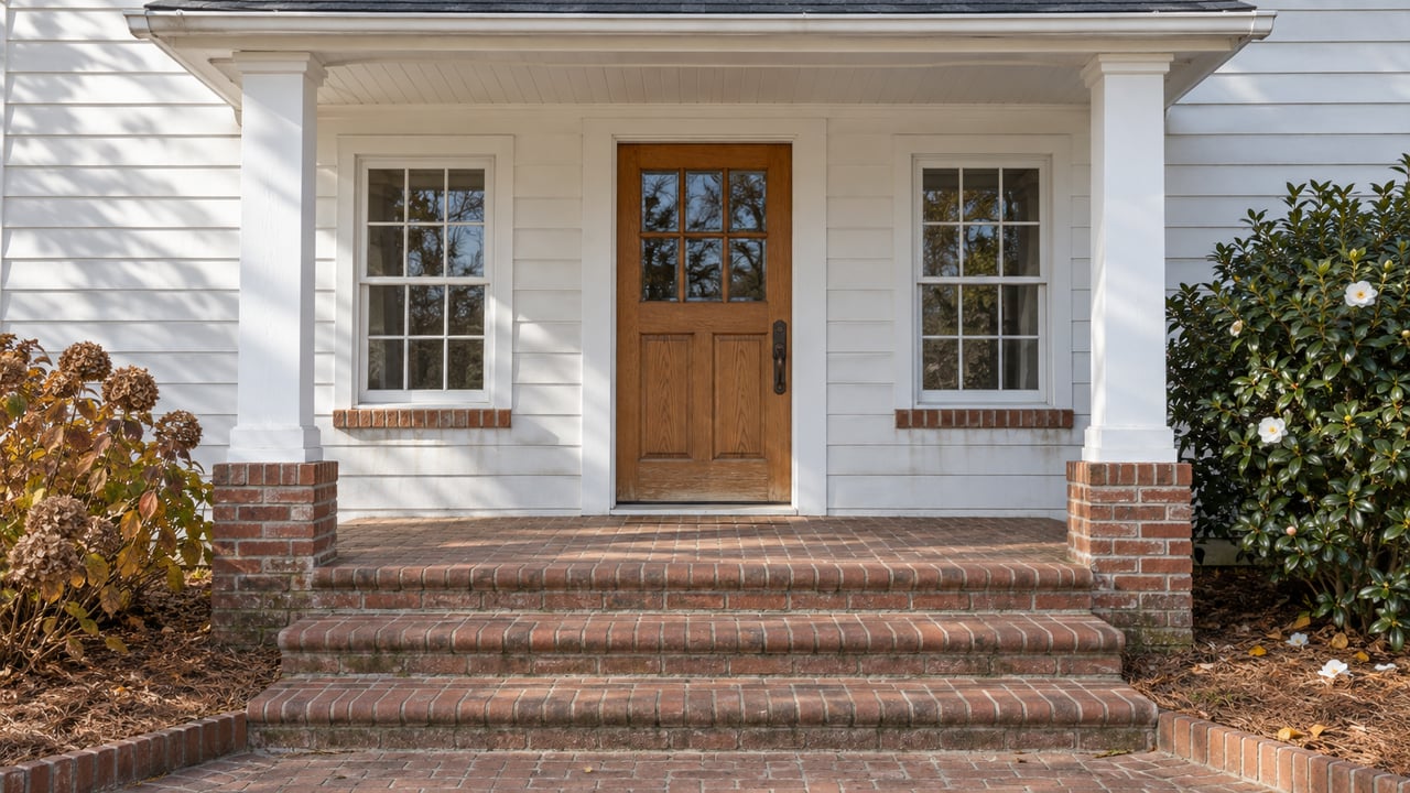 White clapboard home with a glazed oak front door, matching multi-pane windows and weathered brick porch steps framed by camellia and oakleaf hydrangea.