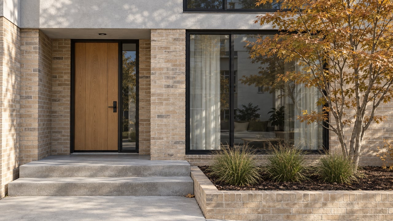 Buff-brick residential entry with an oak front door, black-framed window and autumn maple beside concrete steps.