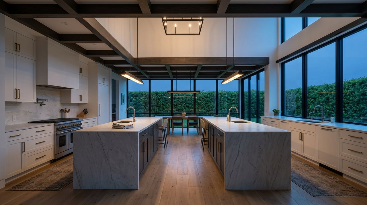 Open-plan kitchen with a marble waterfall island, warm pendant lights, and black-framed windows overlooking a boxwood hedge.