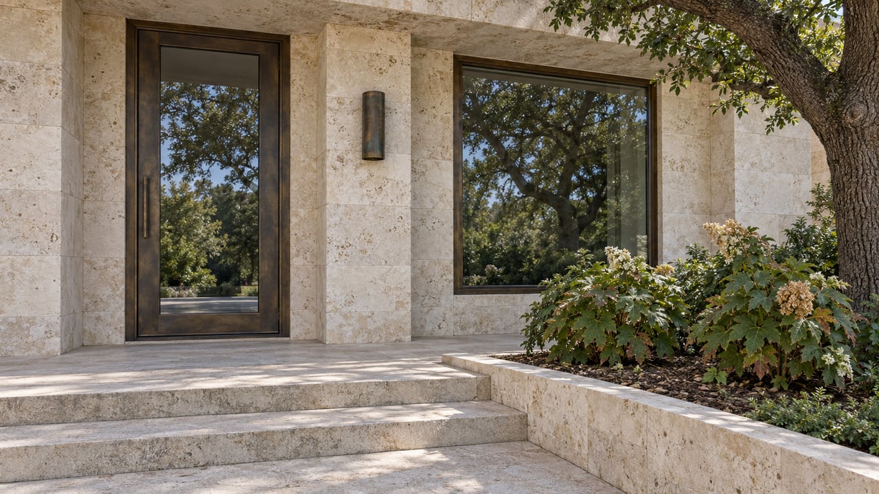 Covered limestone entrance with bronze-framed glazing, broad stone steps and oakleaf hydrangeas beside a mature live oak.