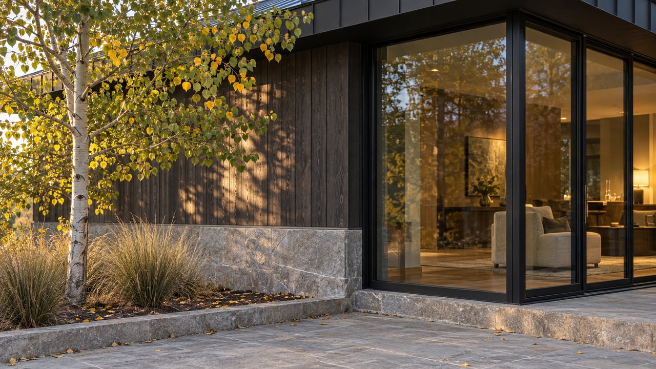 Glazed corner of a stone-and-timber house beside an aspen with mostly green leaves and scattered yellow.