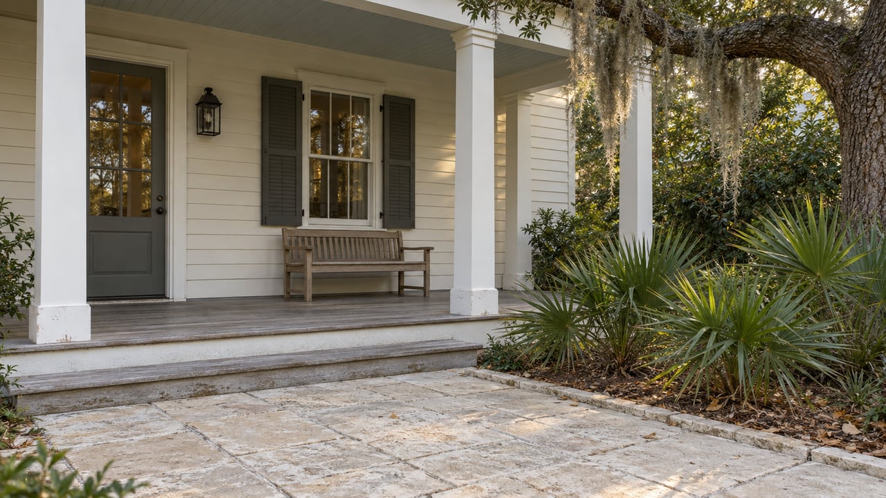 A cream clapboard home's shaded porch opens onto pale stone paving beside a moss-draped live oak and three saw palmettos.