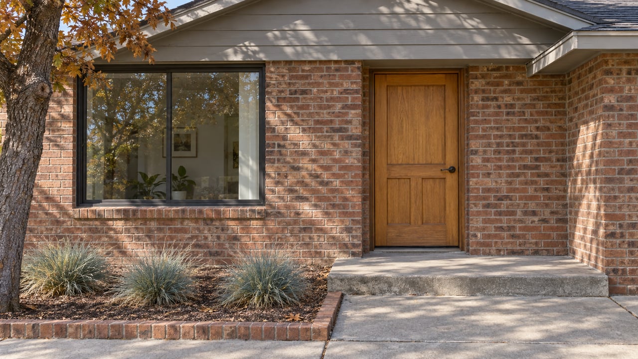 Warm wood entry door and dark-framed window in a weathered brick home, with a concrete approach and copper-leaved oak.
