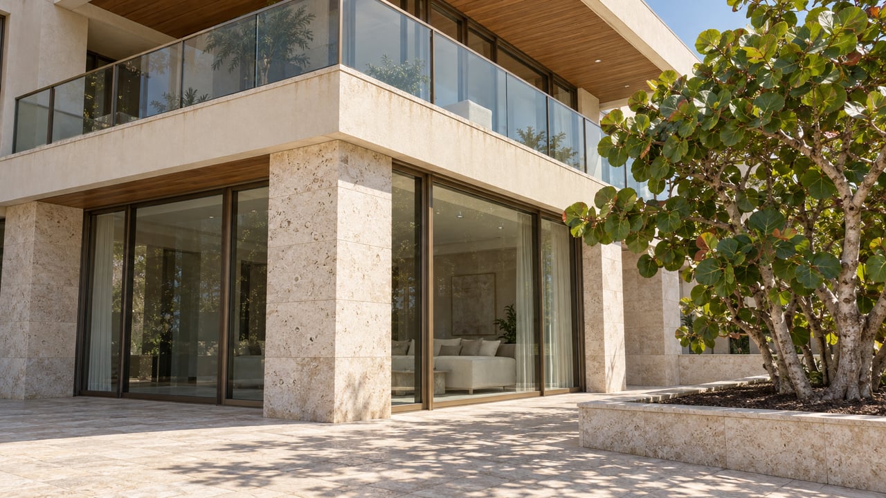 Sunlit limestone and ivory stucco condominium corner with bronze-framed glass, a shaded balcony, and a sea grape tree beside the stone forecourt.