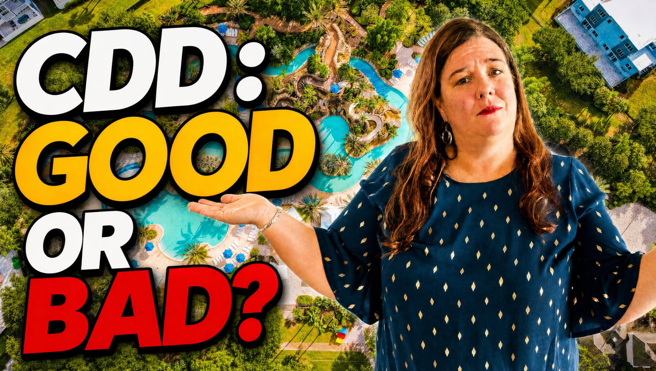 Video thumbnail asking whether a CDD is good or bad, with a woman gesturing over an aerial community view.