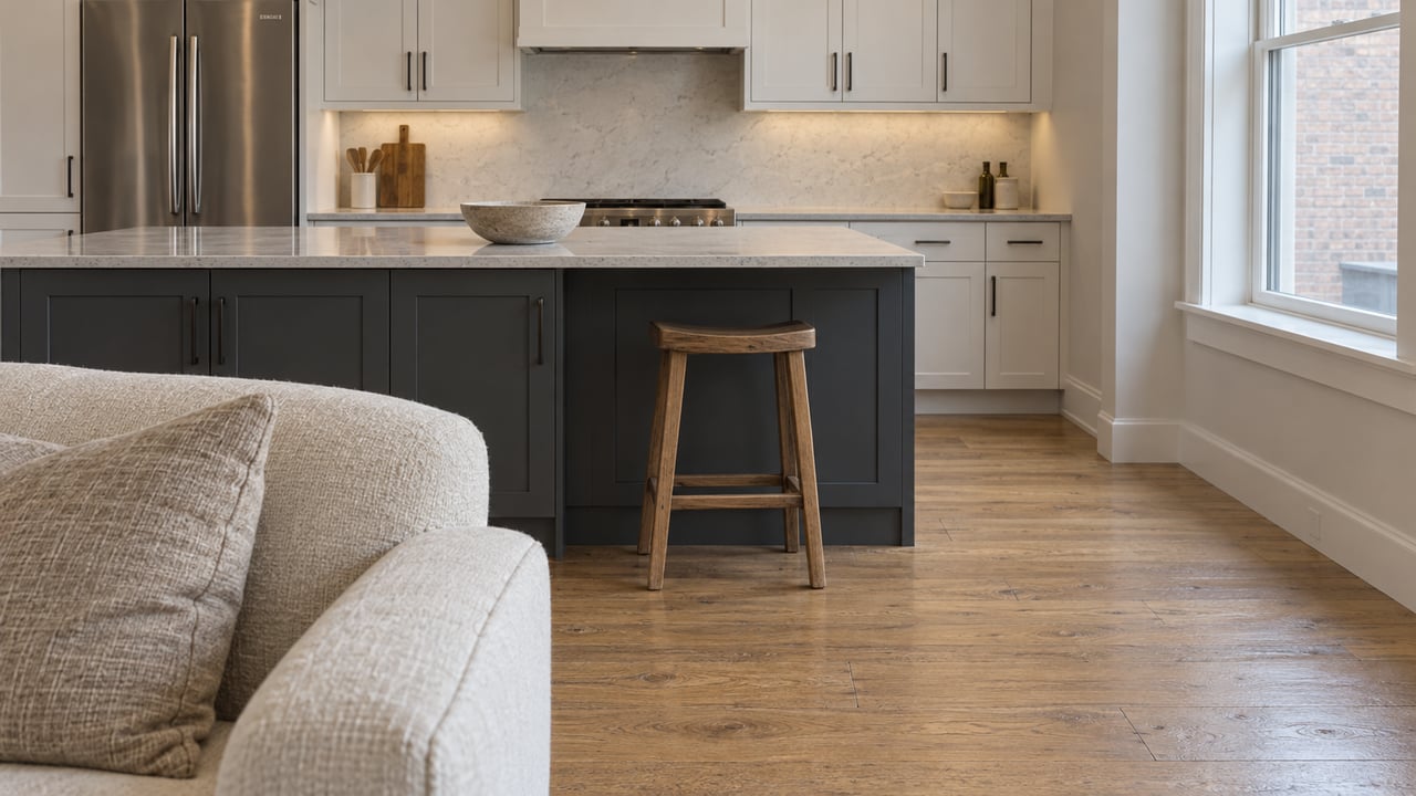 Cream upholstered chair beside an oak floor, facing a charcoal kitchen island and warm-white cabinetry in soft window light.