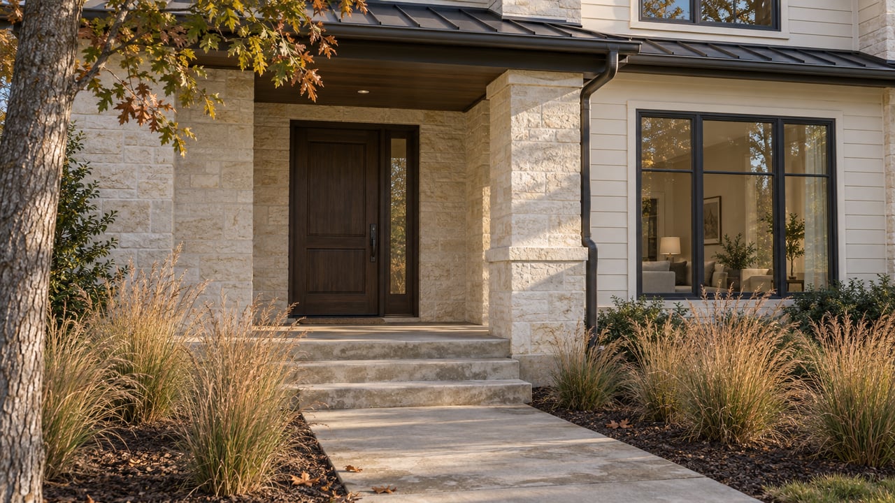 Limestone and white-sided house entrance with an oak door, broad concrete steps and tawny little bluestem beside the walk.