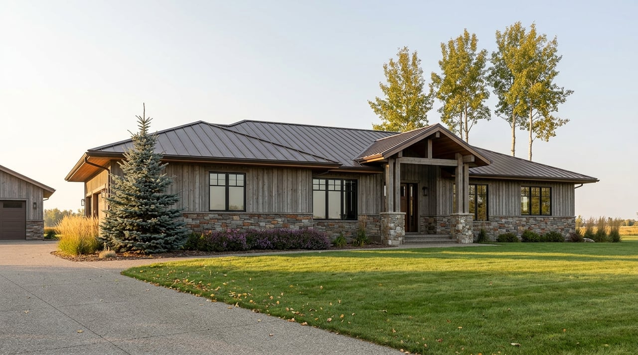 Raised lodge-style home with stone and weathered cedar facade, timber entry posts, spruce, and golden aspens.