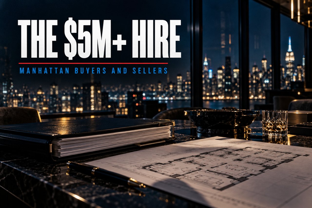 Luxury Manhattan real estate banner with nighttime skyline, floor plans, and “THE $5M+ HIRE” headline.