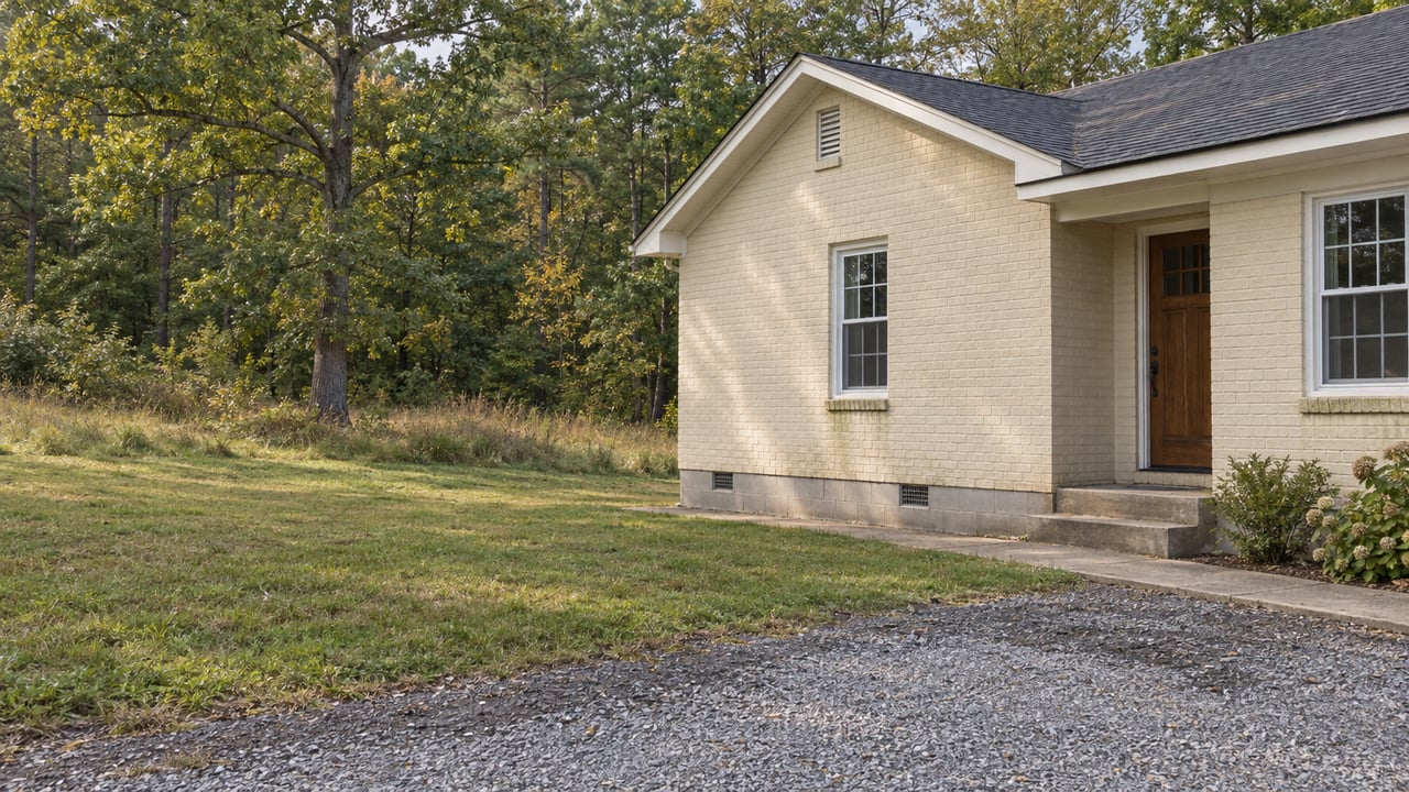 Pale brick bungalow beside a broad, uneven side lawn and gravel approach, with dense woodland at the boundary.