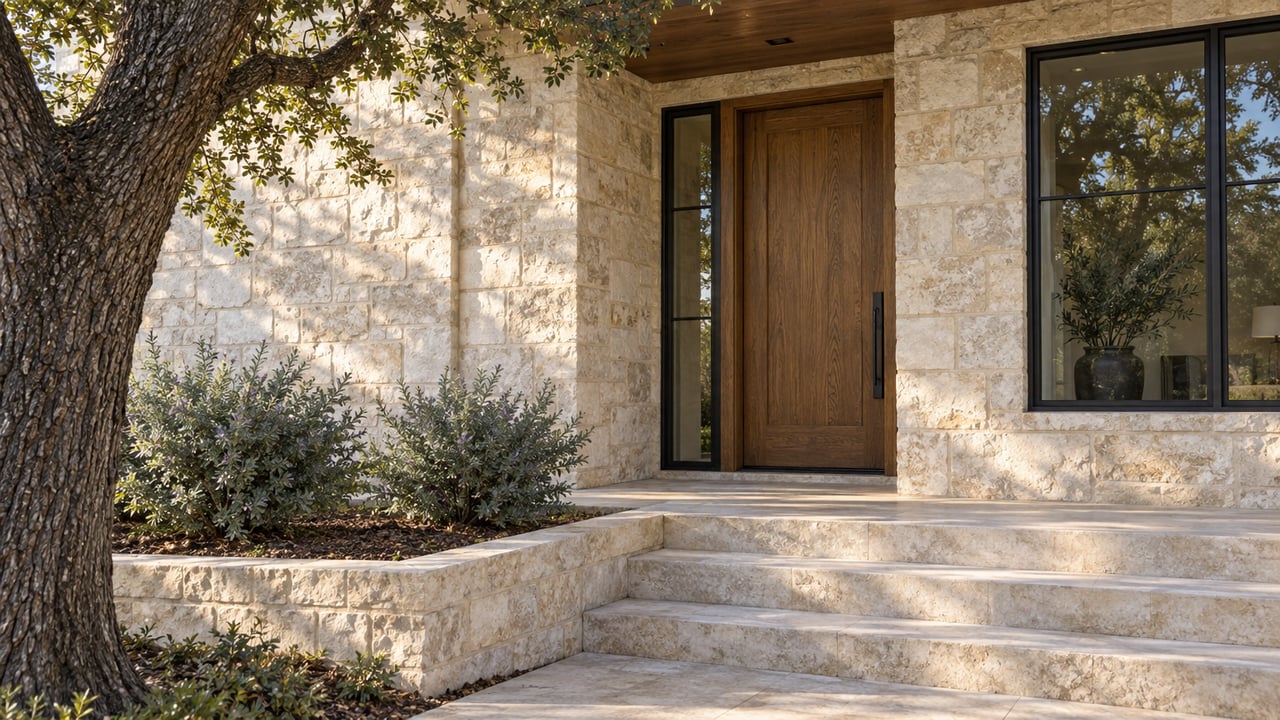House entry with oak door, steel-framed windows, limestone steps, and an oak beside raised planting.