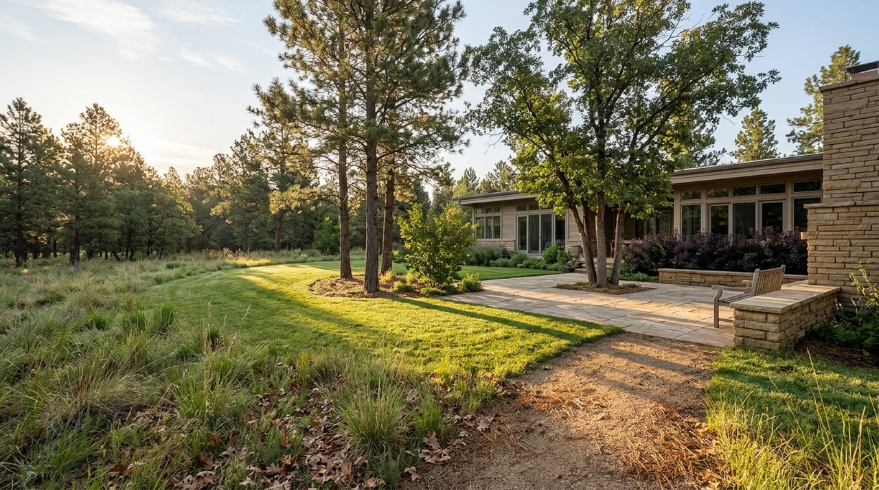 Rear patio with buff flagstone, sandstone chimney, and native grasses blending into woodland.