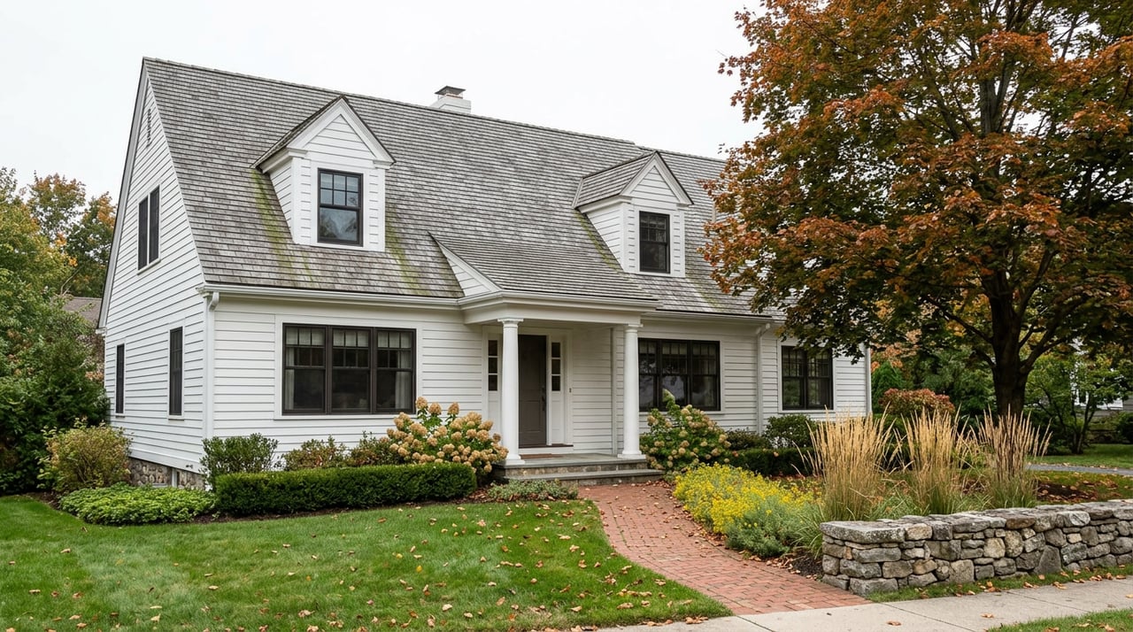 White clapboard house with a columned entry, brick walkway, fieldstone wall, and an amber-red maple tree.