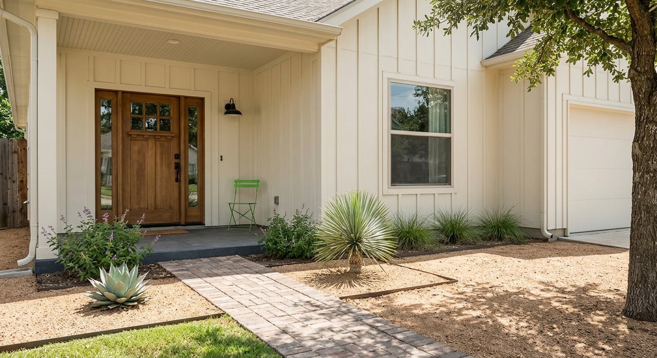 Off-white home porch with a wood-and-glass door, vivid green chair, brick path, and gravel landscaping.