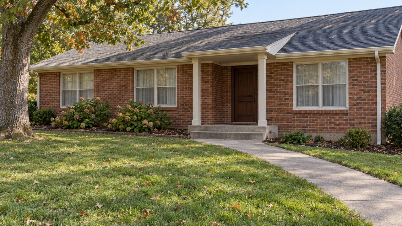 A sunlit brick home with a covered entry, gently sloping lawn, and mature oak.