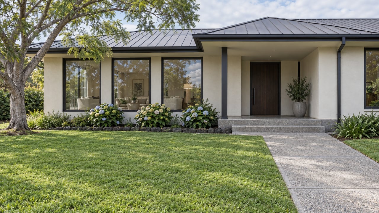 A contemporary ivory-stucco home with a graphite roof and covered porch sits beyond a broad green lawn, beside a mature jacaranda and hydrangeas.