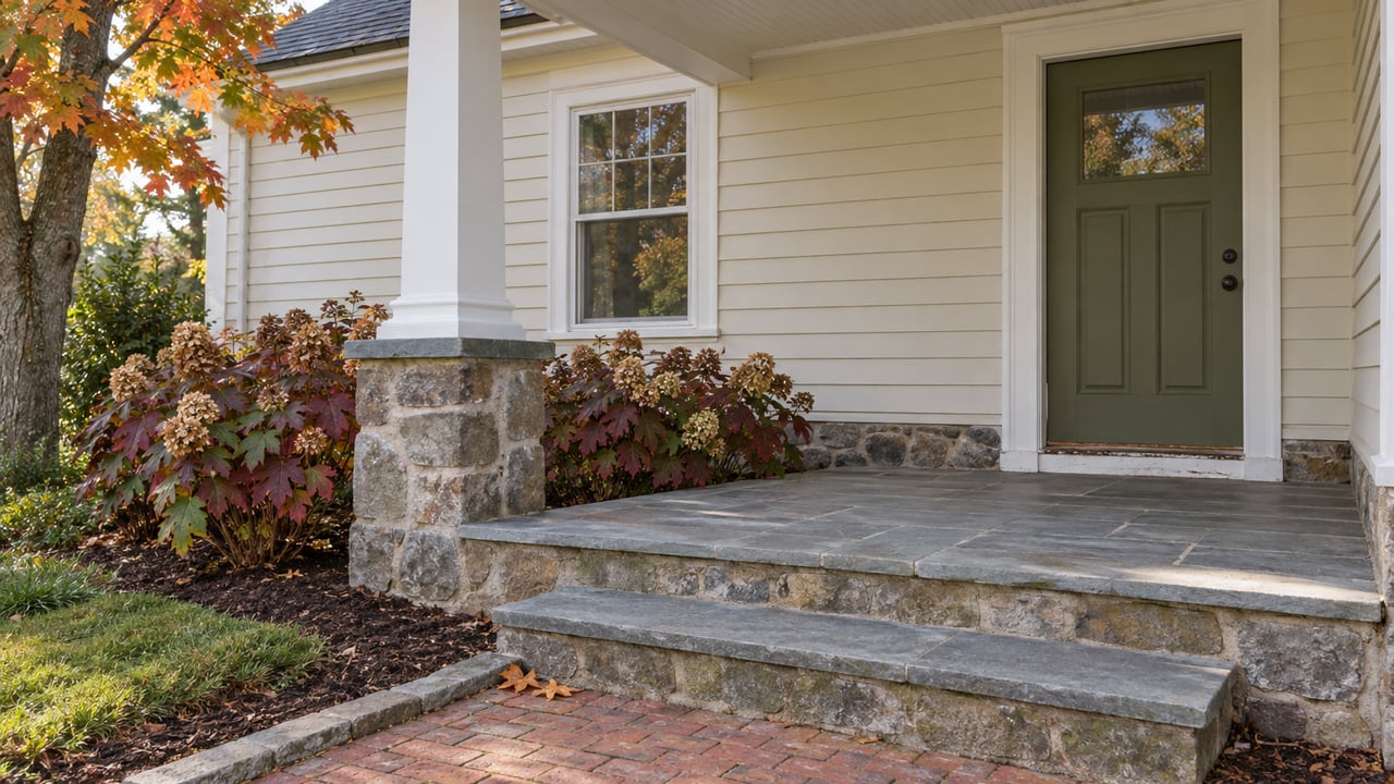 An autumn front porch with cream clapboards, an olive door, bluestone steps and oakleaf hydrangeas.
