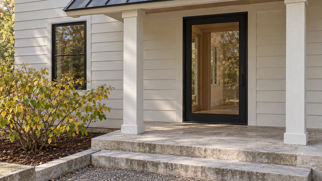 Sheltered front entry with off-white clapboards, black-framed glass door, pale limestone steps and a yellow-leaved witch hazel.