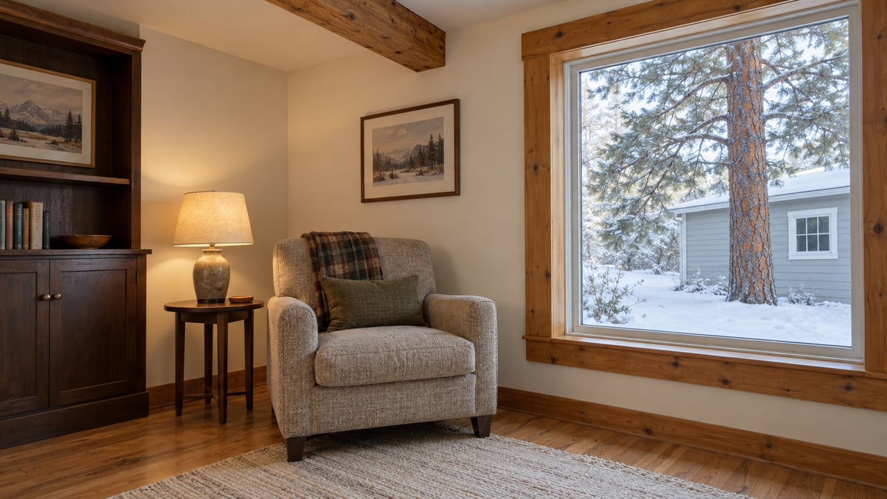 A lived-in living-room corner with a timber beam, wool armchair, dark wood cabinet and a snowy yard visible through a wood-trimmed window.