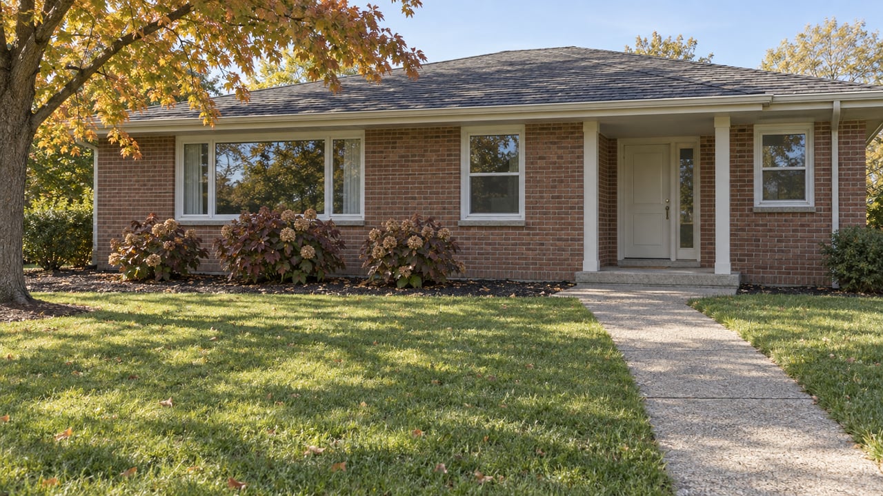 A modest brick ranch house with a deep front lawn, recessed porch and amber-leaved maple in clear autumn daylight.