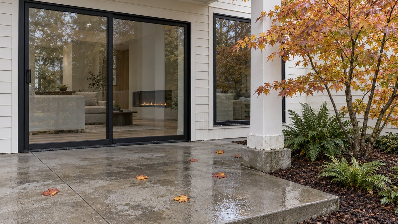 Rain-darkened terrace beside a white-sided home, black-framed glazing and an autumn vine maple above sword ferns.