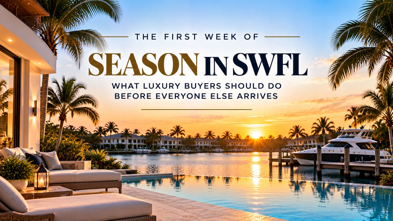 Luxury Southwest Florida waterfront home at sunset featuring an infinity pool, tropical palm trees, private yacht, and upscale canal-front residences, highlighting the advantages of buying luxury real estate early in the fall and winter season before peak buyer competition arrives in Naples, Port Royal, Pelican Bay, Olde Naples, and Bonita Bay.