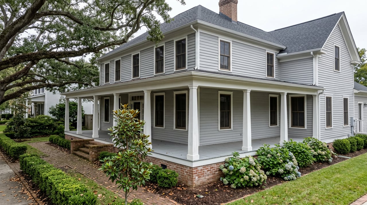 Two-story gray-sided home with a raised brick porch, boxwood hedges, hydrangeas, and a sprawling live oak.