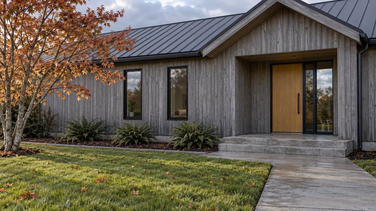 Low garden-side view of a gray cedar home with a dark gabled roof, damp concrete approach and copper-leaved maple.