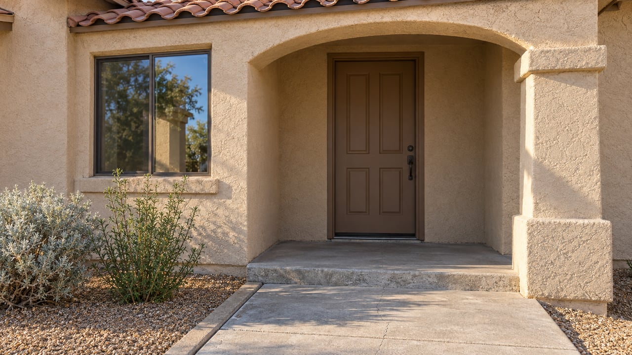 Sunlight on a sand-colored stucco porch with an arched entry, terracotta roof tiles, a brown door and silver-leaved desert planting.