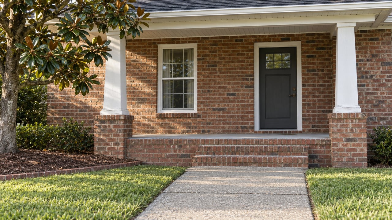 Morning light on a brick home's covered entry, white porch columns, concrete walkway and magnolia branches.