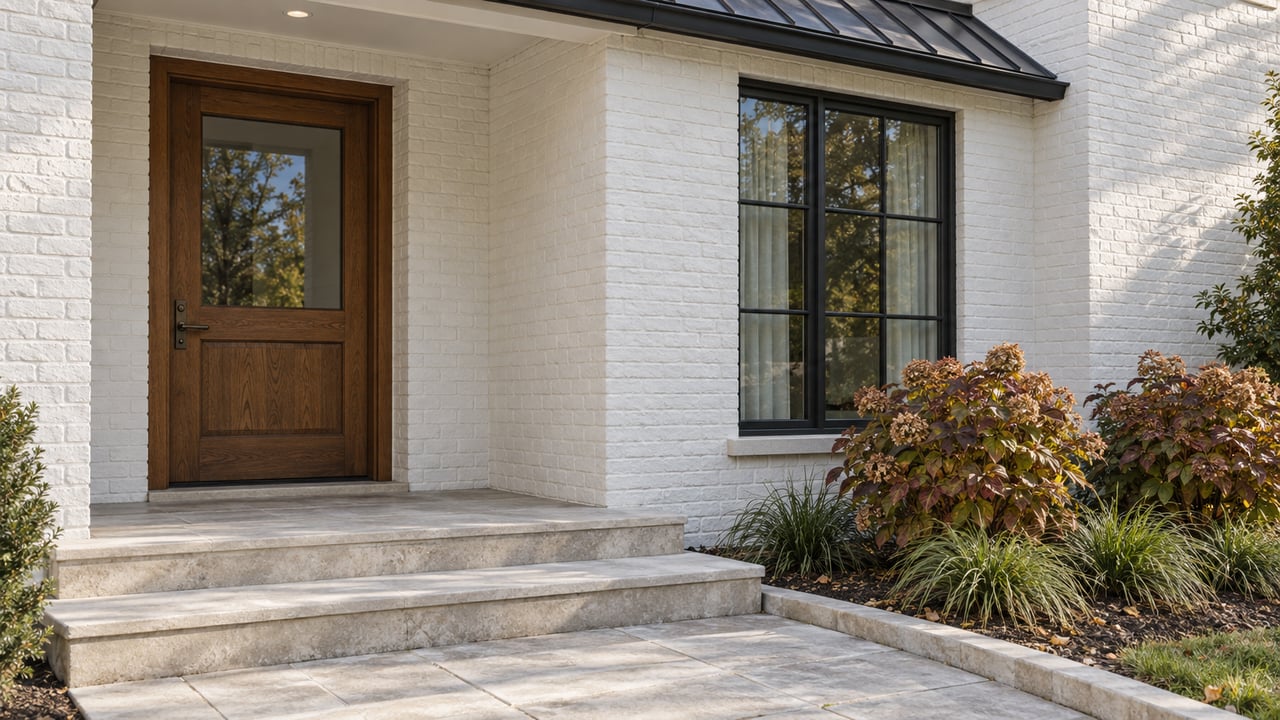 White painted brick entrance with an oak door, black steel window, limestone steps, and autumn oakleaf hydrangeas.
