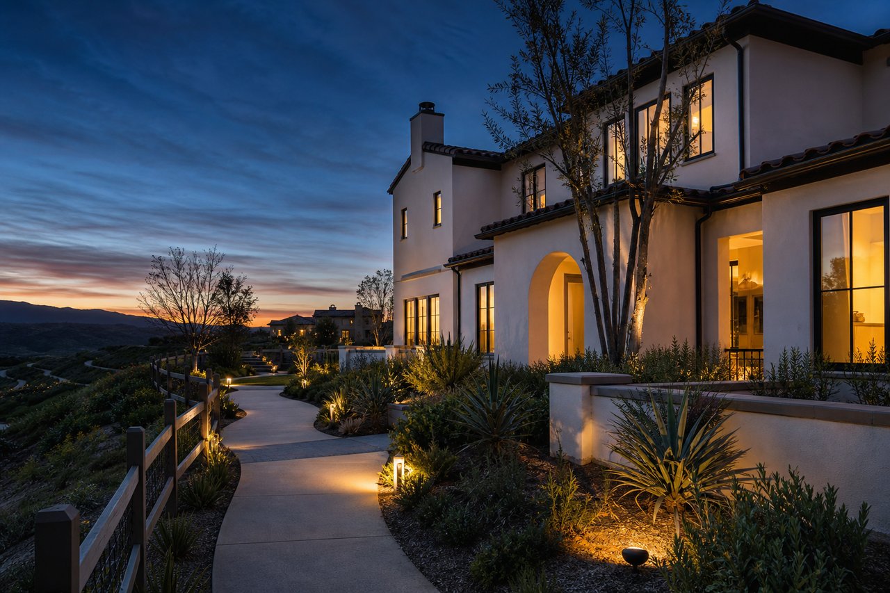 White stucco home at dusk with glowing windows and a landscaped, illuminated walkway.