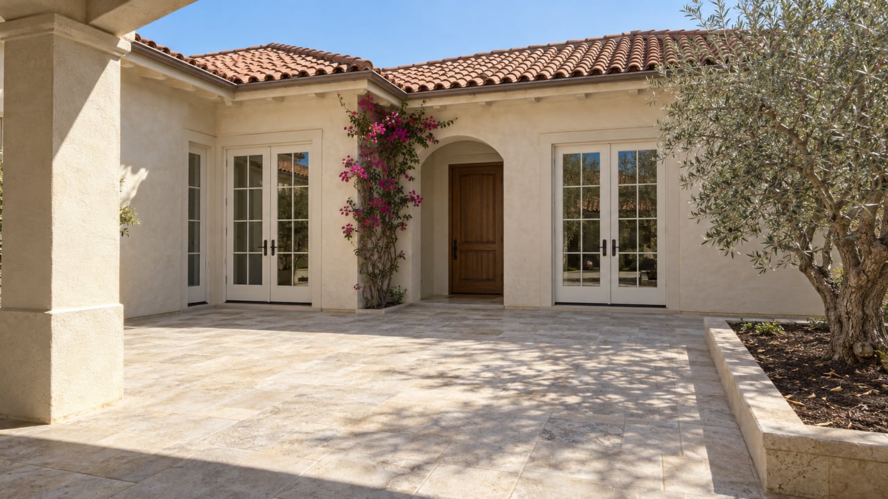 Cream stucco home with clay tile roofs, glazed French doors and a limestone courtyard beside a sculptural olive tree.