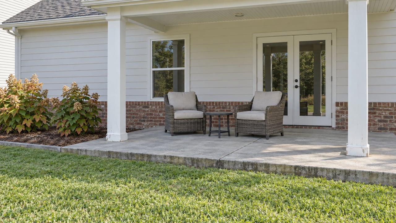 Covered patio of a white-sided home with brick foundation, two outdoor chairs and oakleaf hydrangeas beside a defined concrete edge.