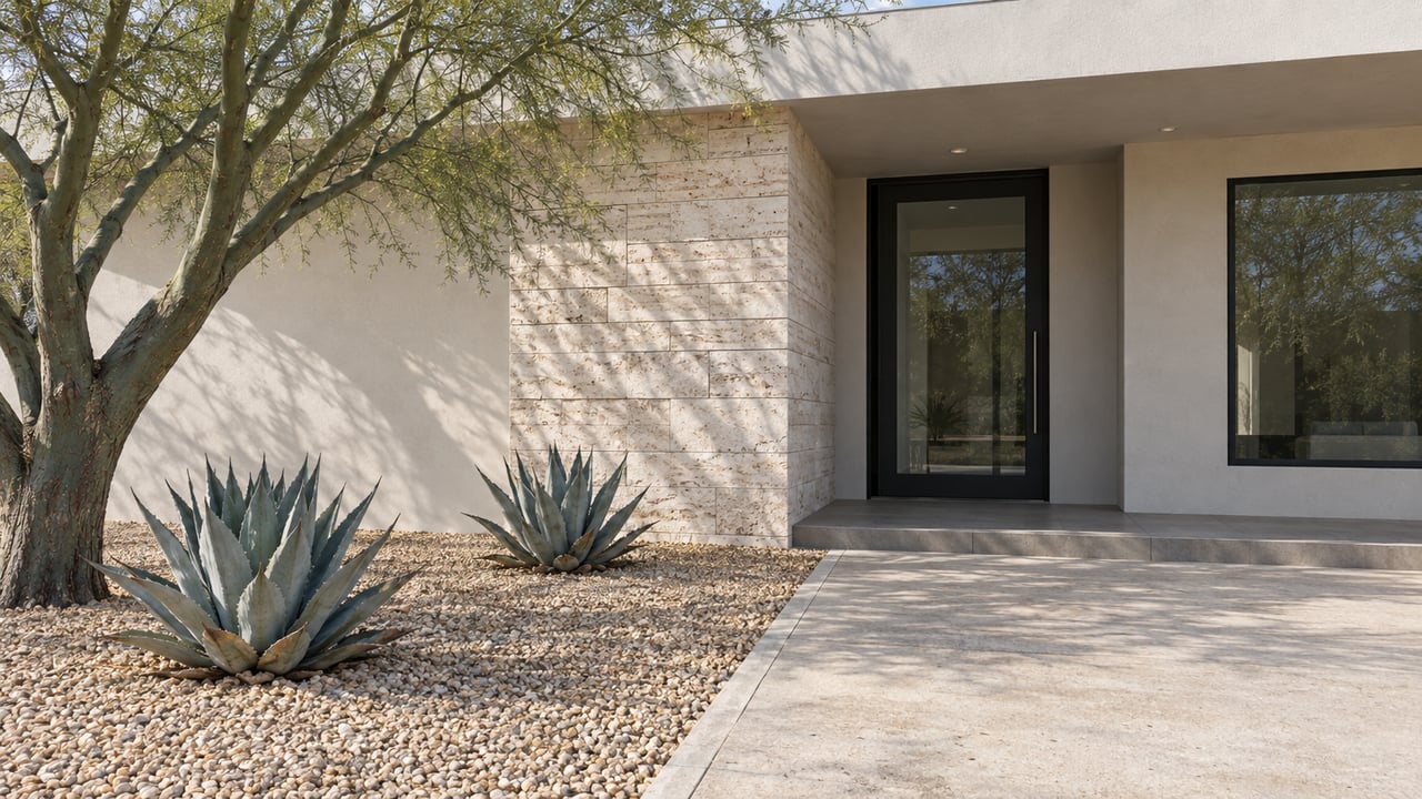 Contemporary stucco home entry with pale limestone, enclosed glass doors, a blue-green branching tree and two sculptural agaves in gravel.