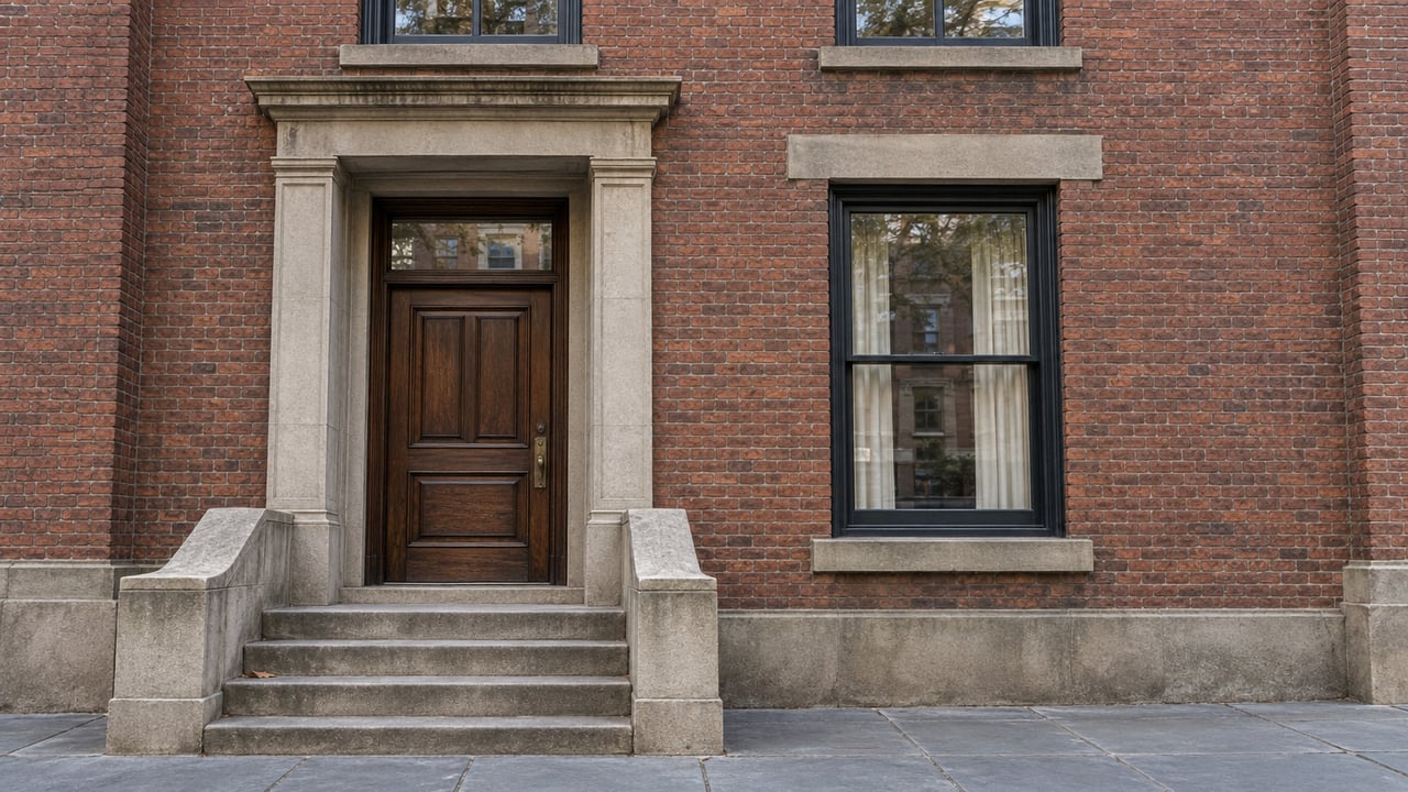 Weathered limestone steps lead to a walnut townhouse door beside black-framed windows in a red-brown brick facade.