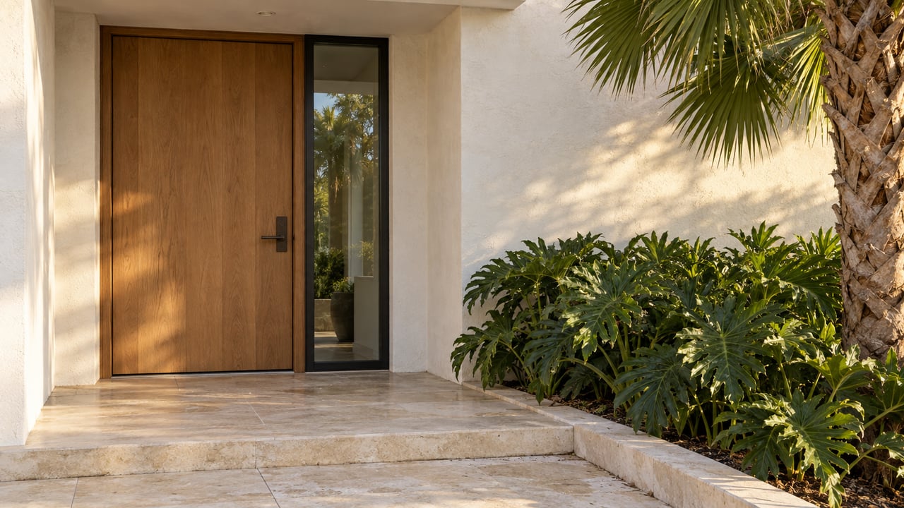 Recessed oak entry door beside a black-framed sidelight, limestone paving, and tropical planting.