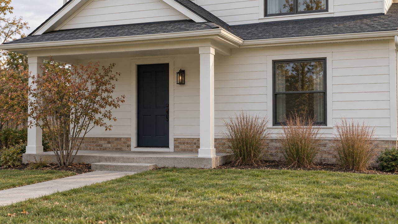 Off-white two-story farmhouse with a navy door, concrete porch, and sparse autumn plants beside the entry.