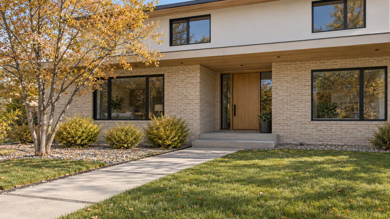 Modern home with creamy brick, dark-framed windows, a broad concrete front walk and a serviceberry tree with autumn leaves.
