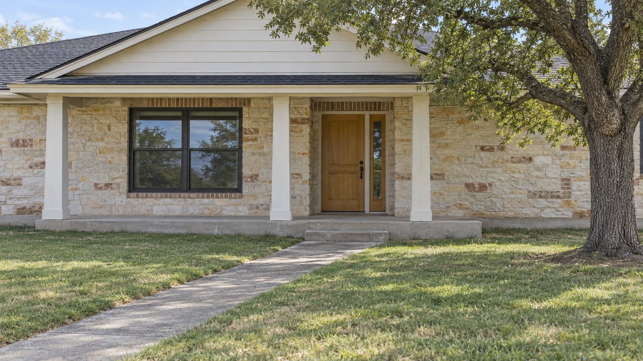 A one-story home with a limestone and brick porch, warm wood door, broad lawn and mature post oak in soft afternoon daylight.