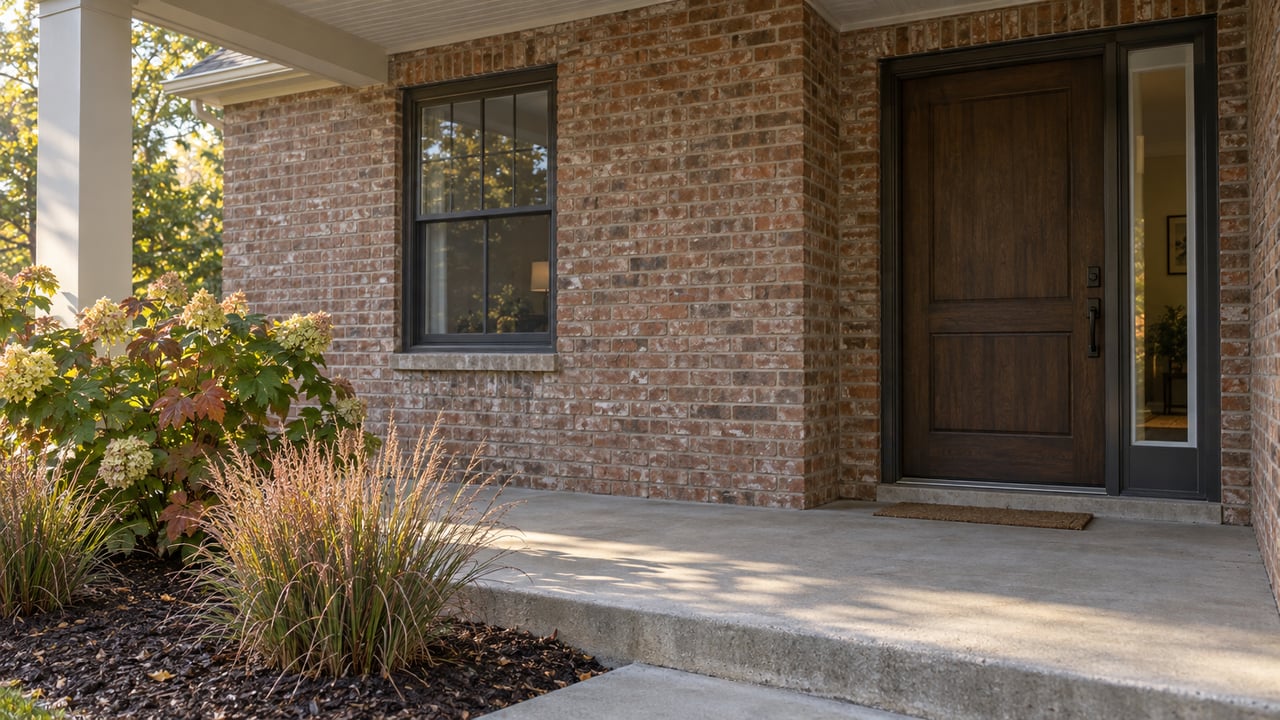 Covered brick porch with a dark oak entry door, black-framed window, and autumn plants in morning sunlight.