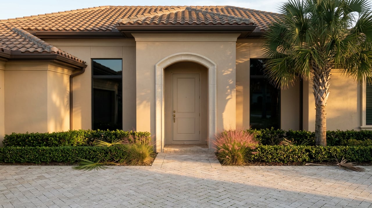 Two-story stucco home with an arched entry, terracotta roof, paver court, clipped hedge, and sunlit palm.