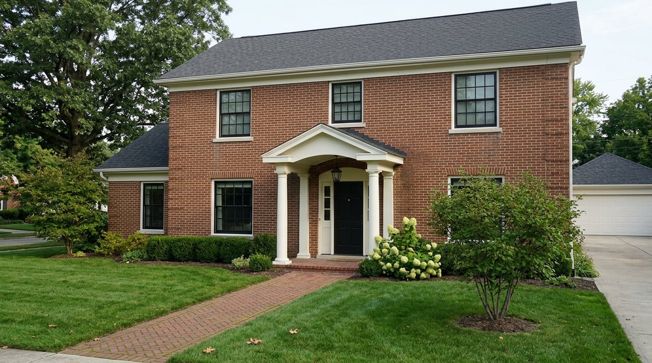 Brick suburban home with a columned entry, black-framed windows, oak canopy, and herringbone walkway.