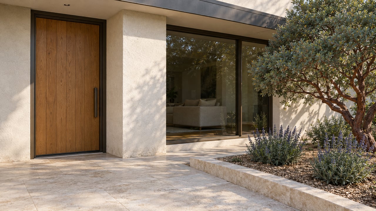 Oak entry door and bronze-framed window in a sunlit stucco facade, with limestone paving and sculptural manzanita beside the terrace.
