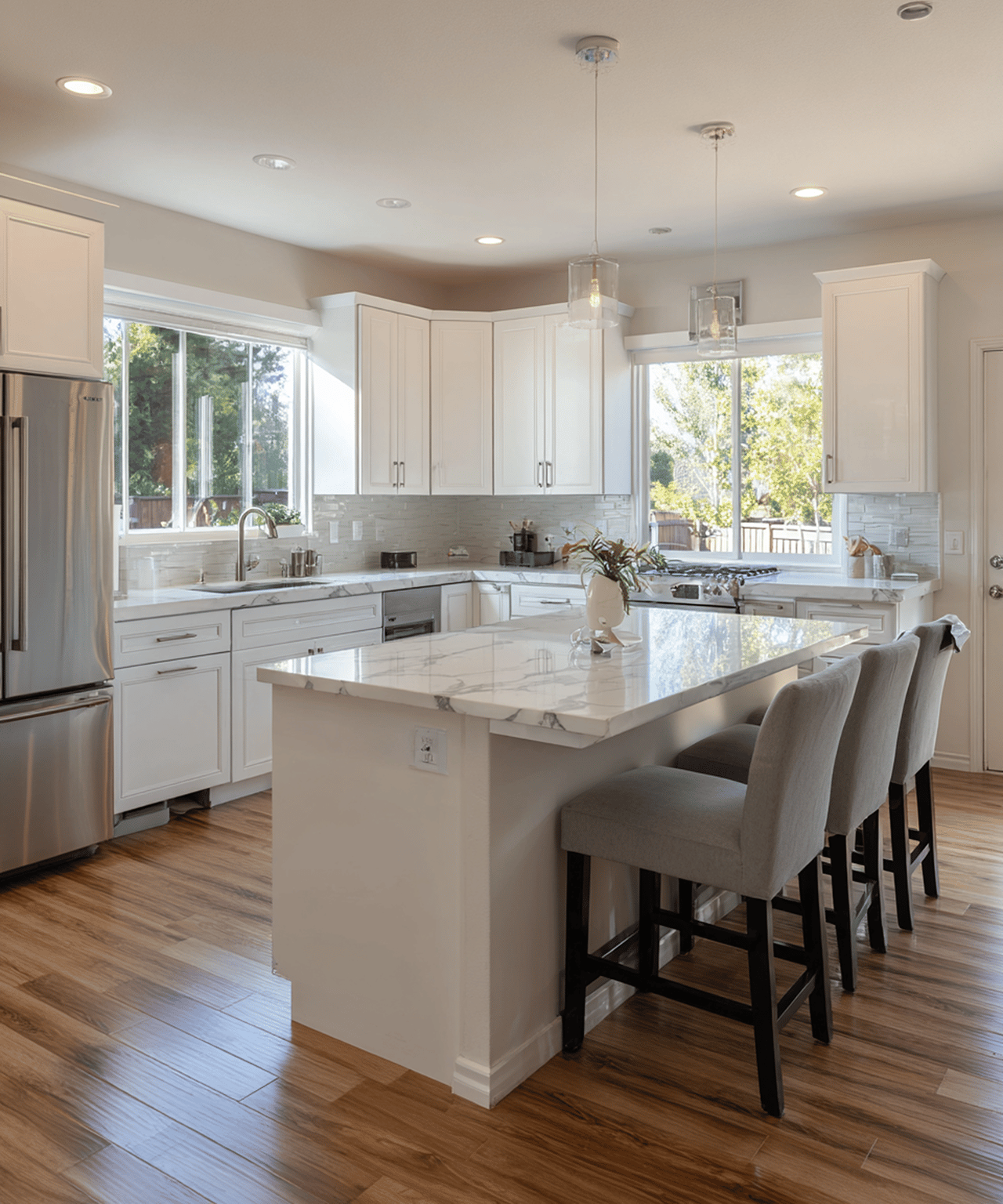 Bright white kitchen with a marble-look island, gray bar stools, and large windows overlooking greenery.