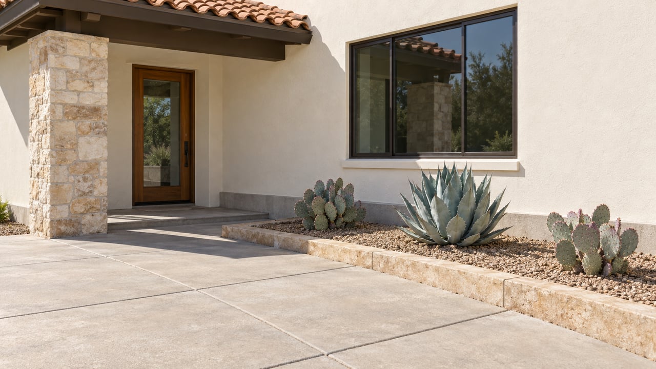 Cream stucco home with a recessed glass entry, sandstone pier, broad concrete walk, and sparse agave planting.