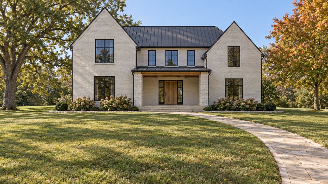 Ivory painted-brick home with black-framed windows and a limestone porch beyond a deep autumn lawn, framed by a white oak and sugar maple.