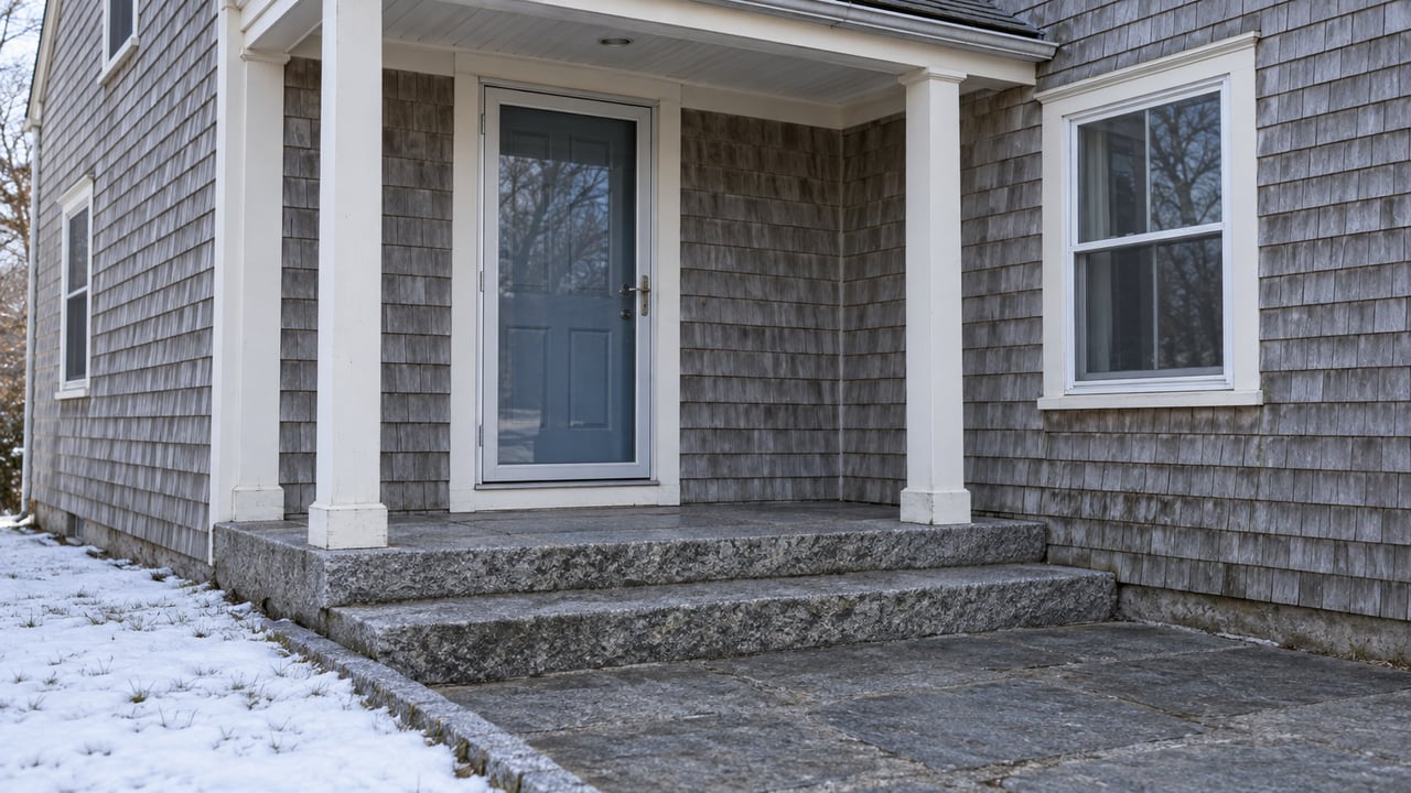 Weathered cedar-shingle home with a sheltered blue front door, granite steps and snow beside the cleared approach.
