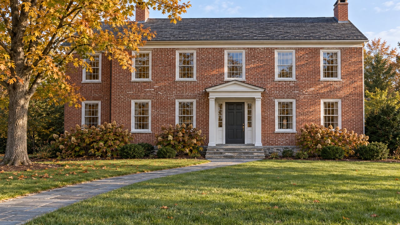 Brick Colonial home across a deep autumn lawn, with a bluestone walk, granite entry steps, and a maple tree turning gold.